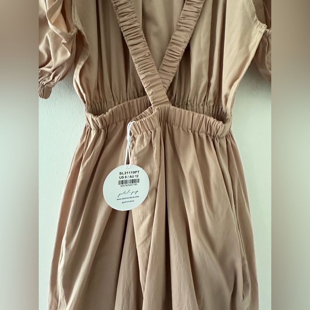 NWT Petal & pup Ollie beige midi-length puff sleeves open back dress new - Picture 9 of 9